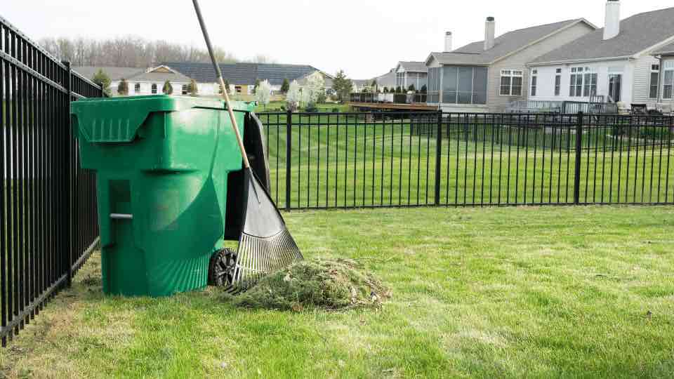 Lawn spring cleanup bin and rake